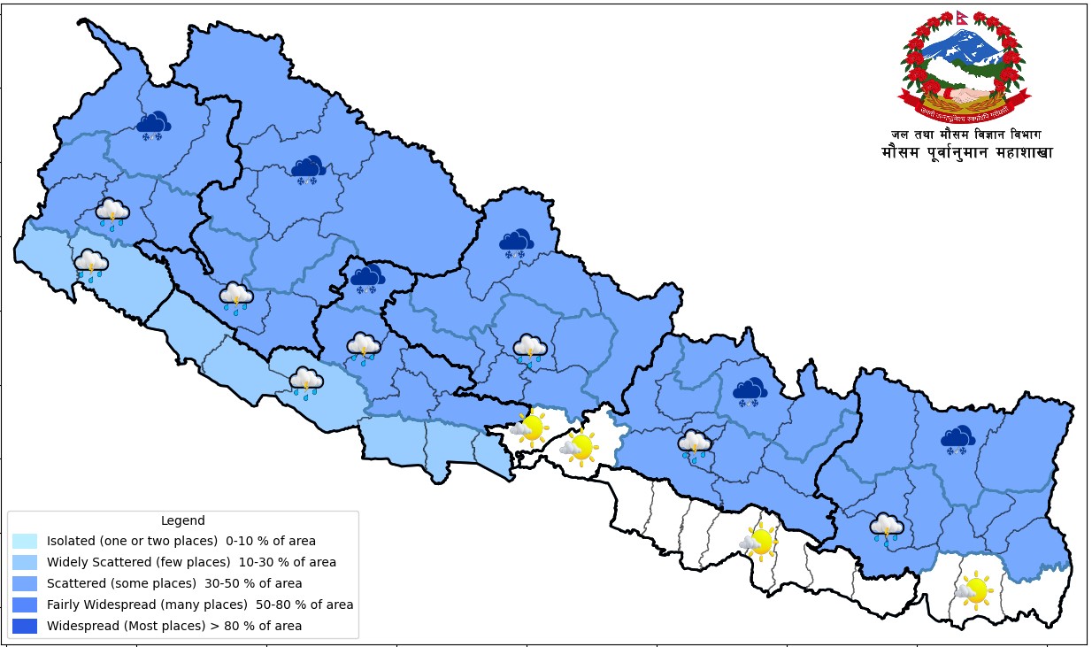 मधेश र कोशी तराईमा गर्मी बढ्ने, पहाडी तथा हिमाली क्षेत्रमा वर्षा र हिमपातको सम्भावना