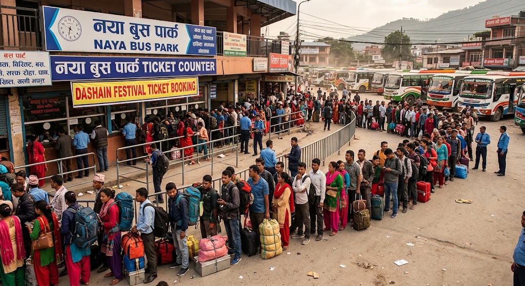 दशैंको अग्रिम बस टिकट बुकिङ सुरु, नयाँ बसपार्कमा रातभरको लाइन